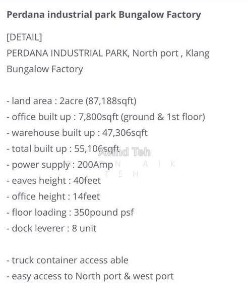 Detached Factory for Sale in North port perdana industrial park (Port Klang (Pelabuhan Klang)) - Boon Aik Teh - PropertyGuru.com.my
