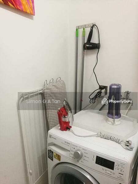fully equipped laundry with washer, dryer, iron, board, hair dryer, water filter