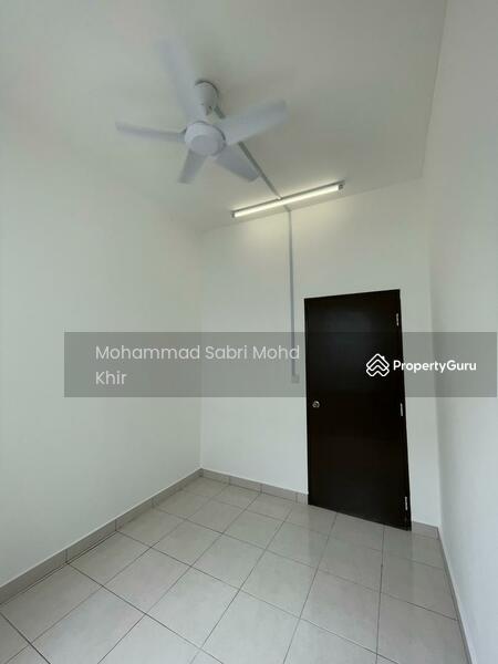 First floor: Bedroom with ceiling fan and lighting installed. 