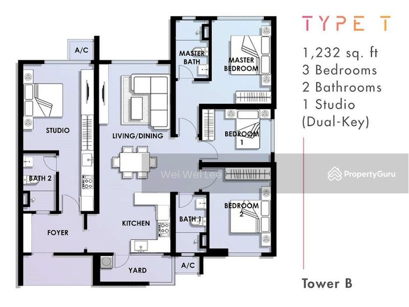 Type T, 1,232sf, 3+1 Bedrooms Layout