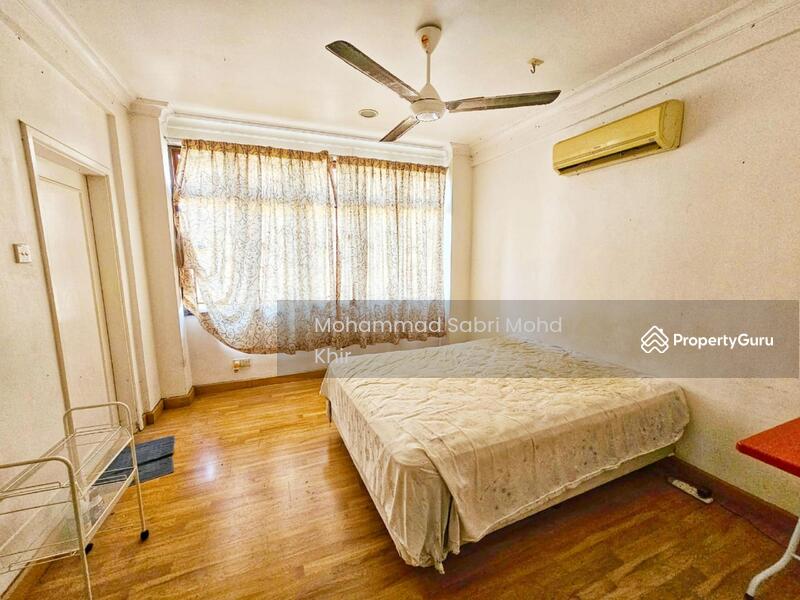 Bedroom with attached bathroom, airconditioner and wood flooring finishes. 