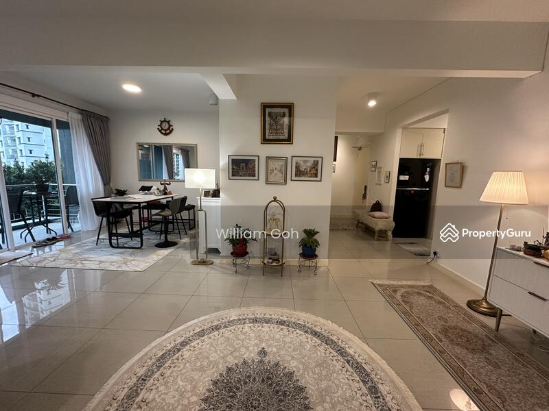 Family and dining area with balcony view of the pool & garden