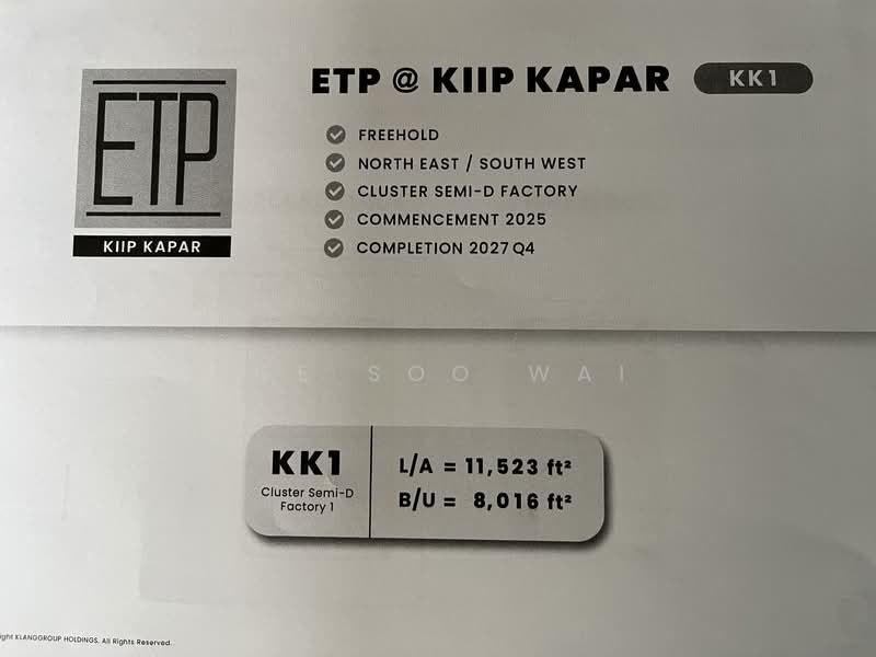 For Sale - Off Jalan Bukit Kerayong, ETP @ KIIP Kapar Industrial Park