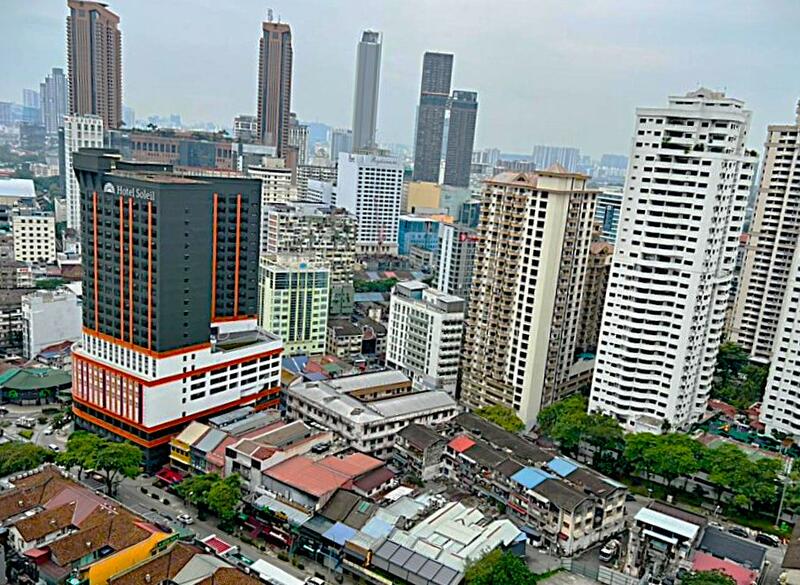 Spacious balcony with city skyline view