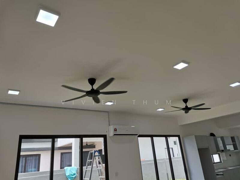 Downstairs living room with lights fans