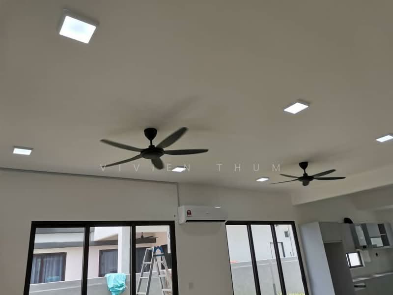 Downstairs living room with lights fans 