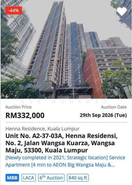 Service Residence for Sale at Henna Residence @ The Quartz WM - Nor Mohamad - Exterior - PropertyGuru.com.my