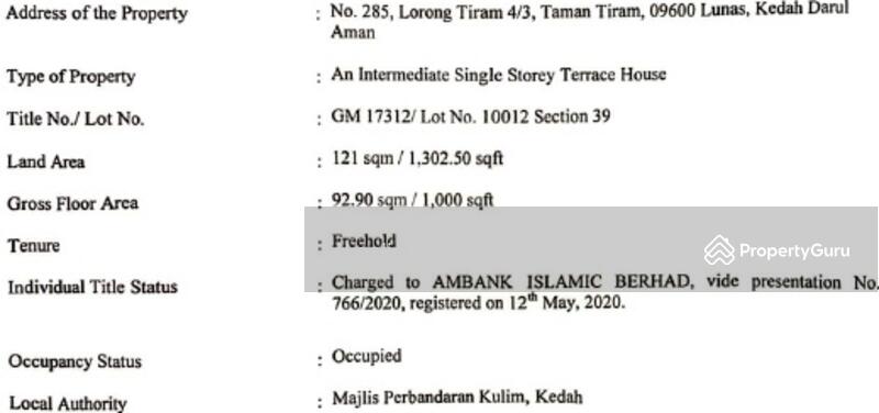 Untuk Dijual - October 2025 BANK LELONG : No.285, Lorong Tiram 4/3, Taman Tiram, LUNAS, Kedah