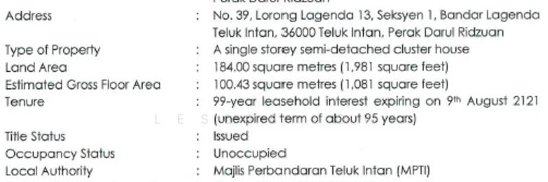 For Sale - 27/1/2026 BANK LELONG Semi-D : Bandar Lagenda Teluk Intan, Teluk Intan, Perak